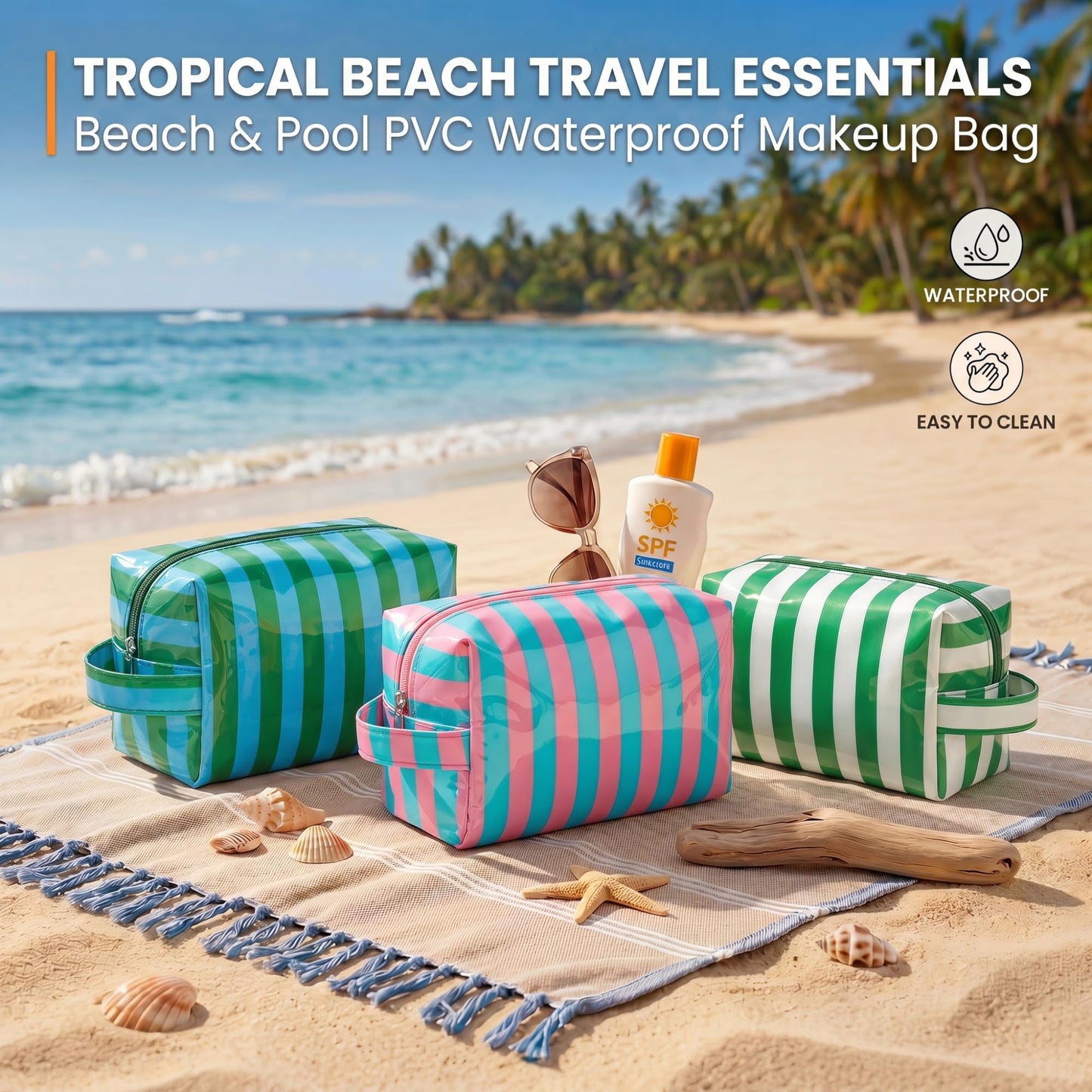 Lestikave PVC Striped Makeup Bag,Easy to Clean,Waterproof Clear Coated Cosmetic Bag,Cute Travel Organizer Zipper Pouch for Beach Vacation Essentials(09Green White)