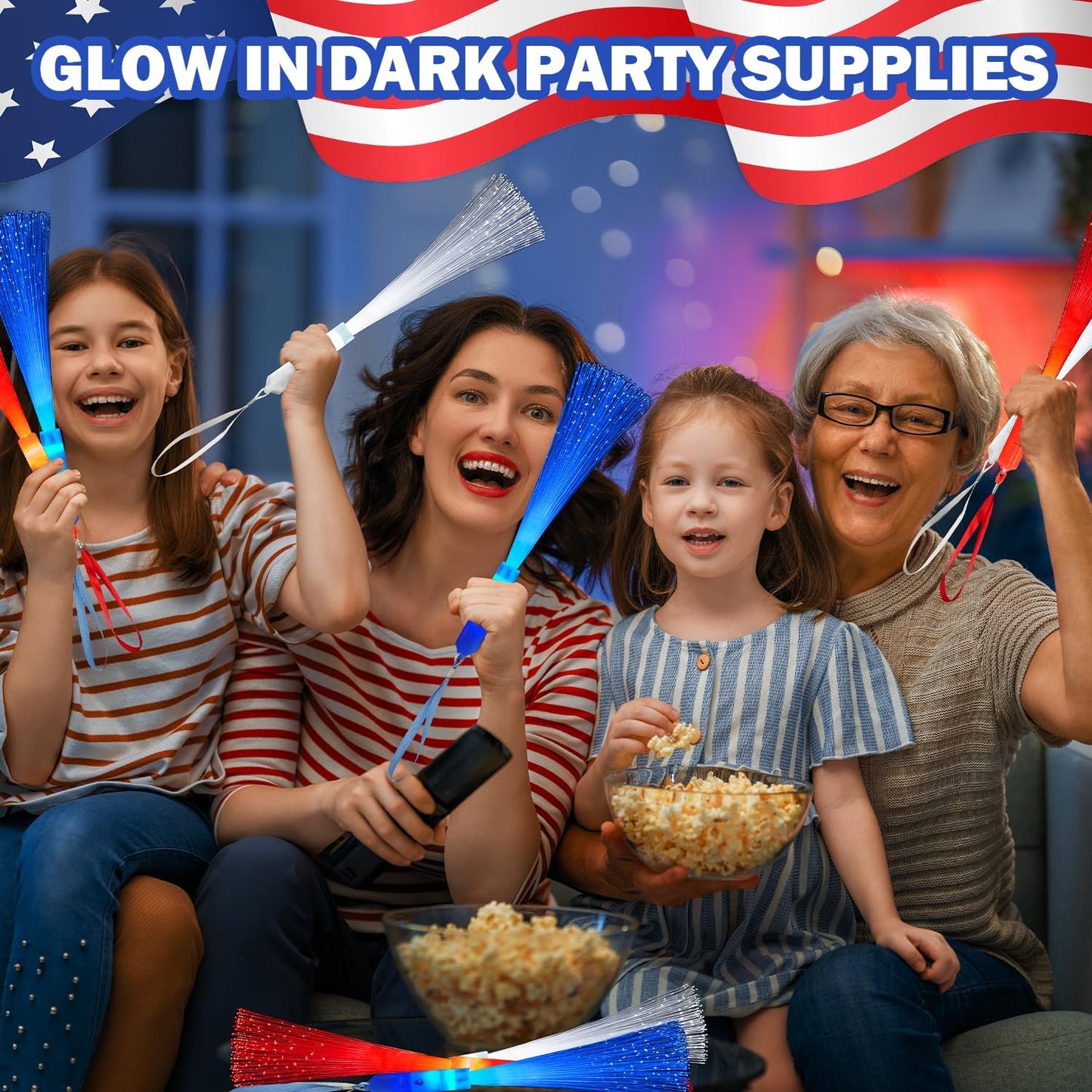 Glow Sticks for 4th of July | Red, White & Blue Fiber Optic Wands - 6 Pack for Kids