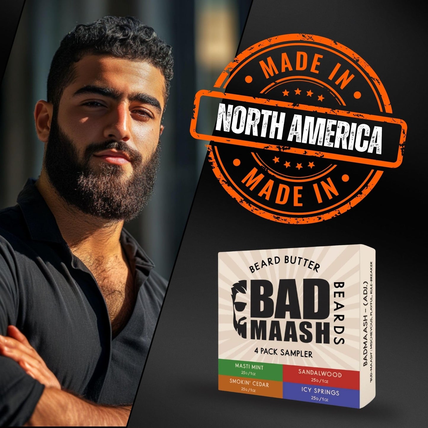 Badmaash Beards Beard Butter 4-Pack Sampler – Premium Grooming Kit for Beard Care & Style | Infused with All-Natural Shea Butter | Made in North America | 4 x 1oz Tins
