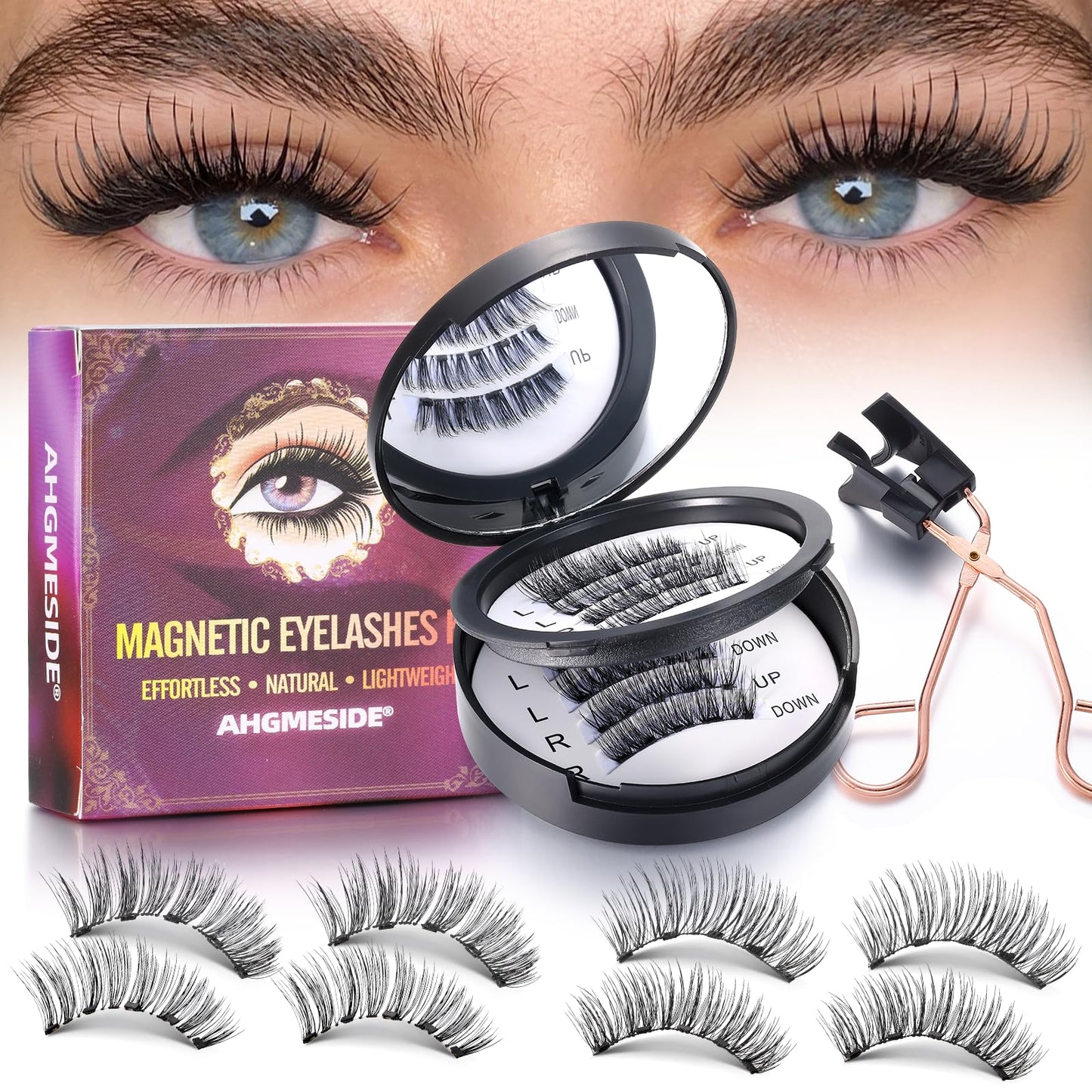 Magnetic Eyelashes with Applicator, Natural Wispy Magnetic Lashes 4 Pairs, No Glue Reusable Lash Kit for Beginners, Lightweight & Secure Hold, Black