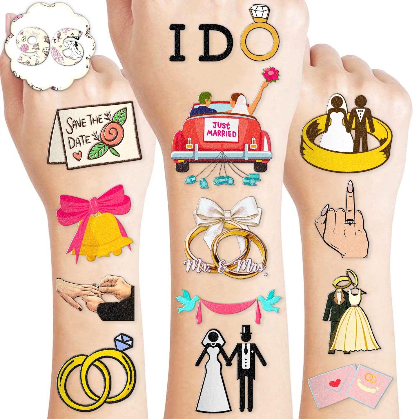 96 PCS Wedding Pre-Cut Temporary Tattoos Birthday Party Decorations Favors Supplies Gold Bridal Ring Diamond Bachelorette Mr & Mrs Engagement Stickers Girls Boys Classroom School Prizes Reward