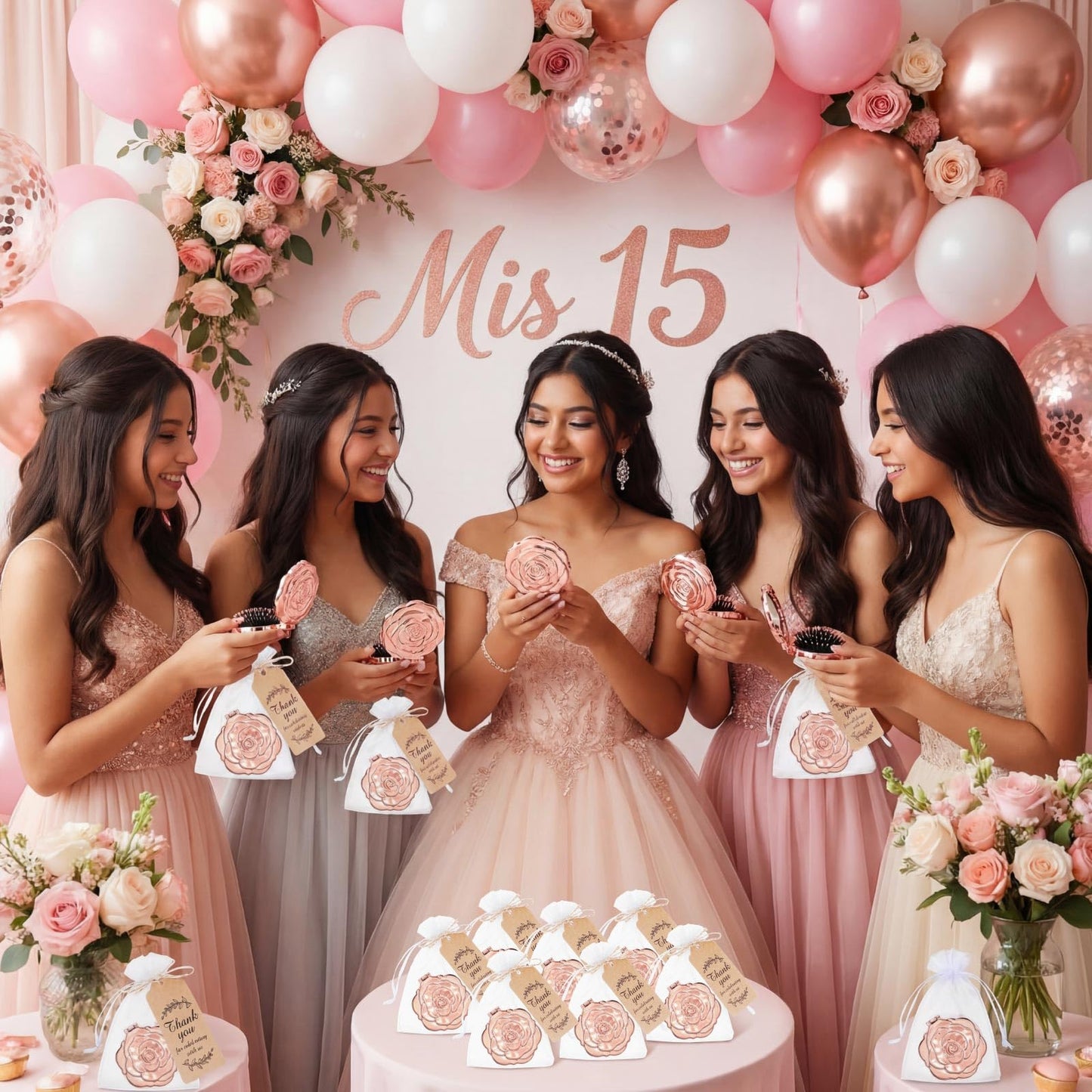 Singhoow 24 Sets Rose Compact Mirrors Brush Bulk Quinceanera Party Favors for Guests Travel Mirror Thank You Gifts Bulk for Sweet 16 15 Party Favors Bridal Shower Wedding Souvenirs(Rose Gold)