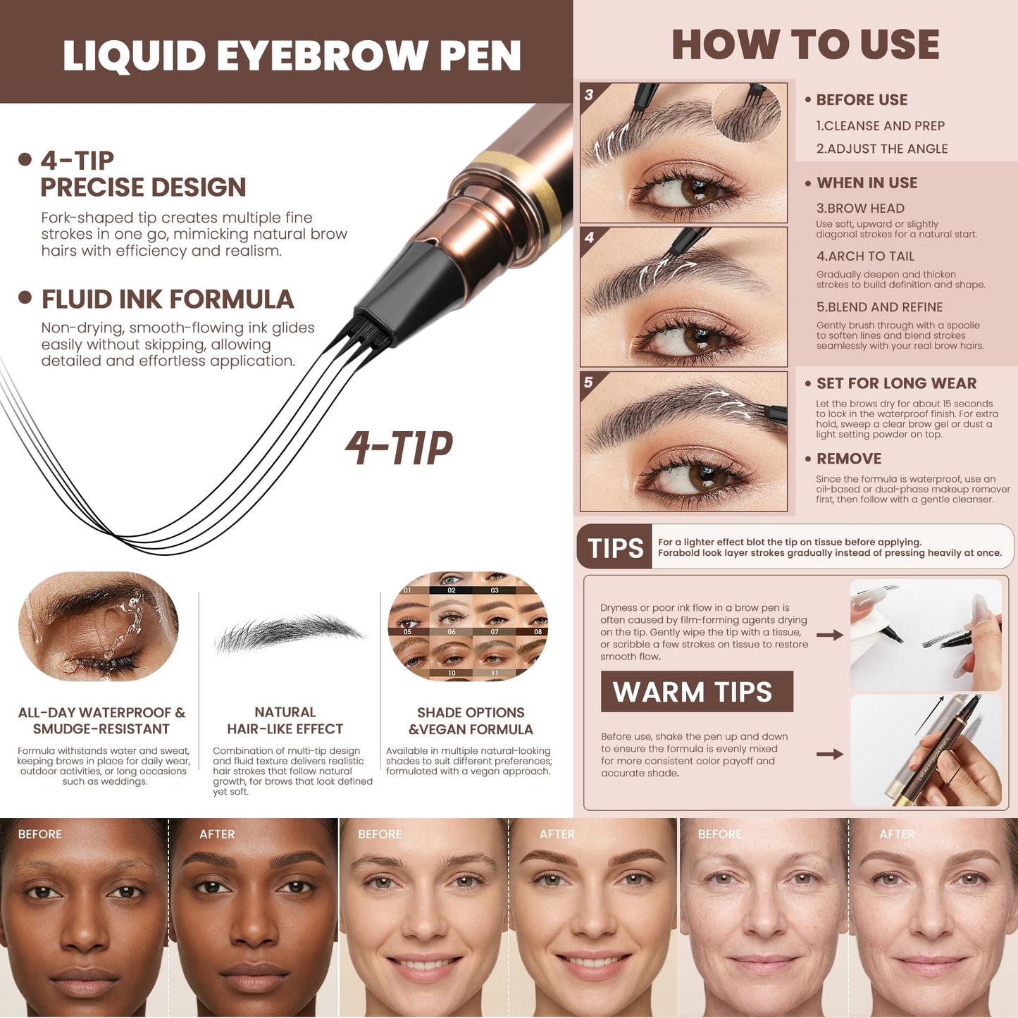 2 Pack 4-Tip Microblading Eyebrow Pen with 2 Brow Brushes, Waterproof Vegan Formula Eyebrow Pencils for Women to Effortlessly Create Natural Hair-Like Strokes, All-Day Wear (Ash Brown)