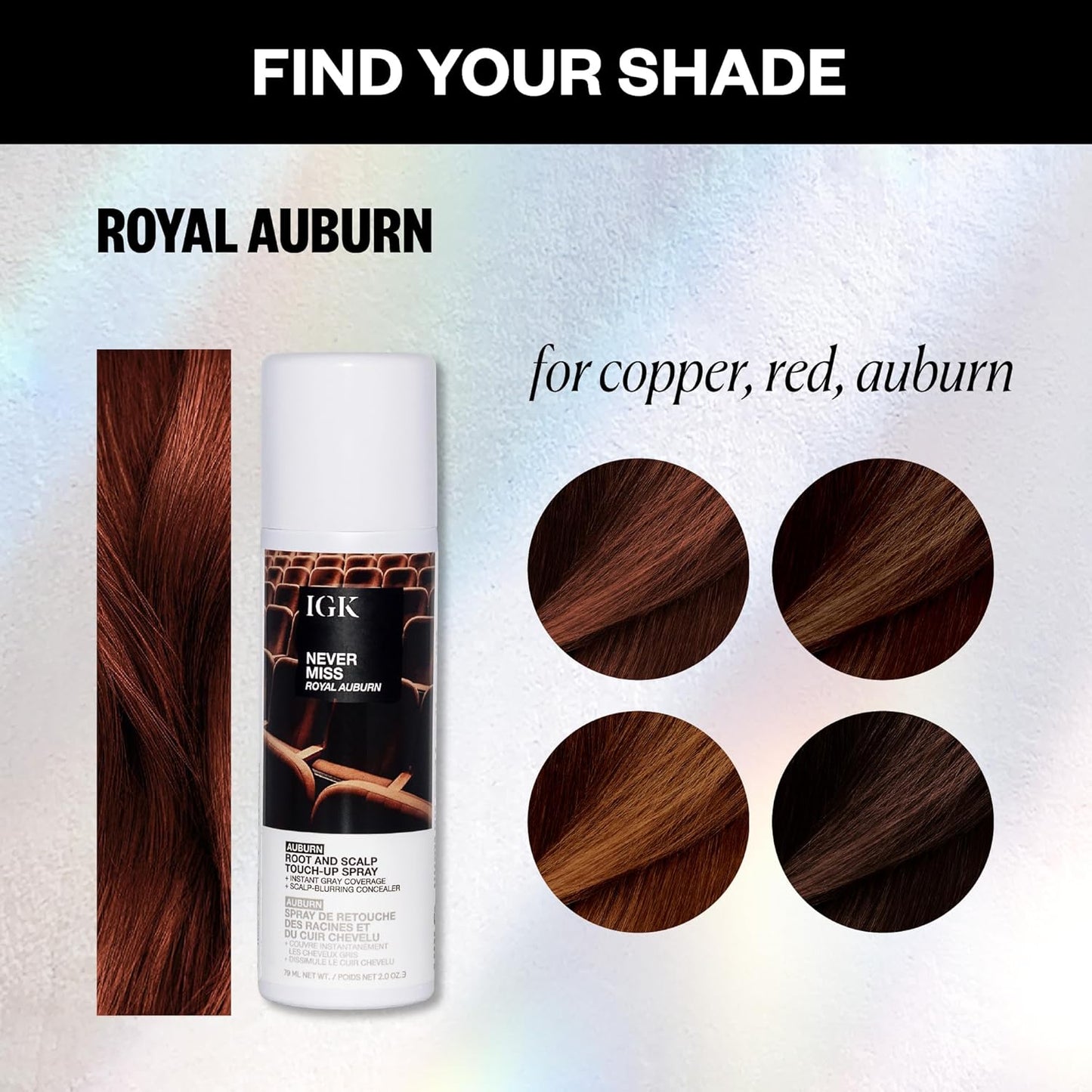 IGK Never Miss Root & Scalp Touch-Up Spray - Auburn Gray Coverage, Sweat-Resistant & Waterproof, 2.0 oz