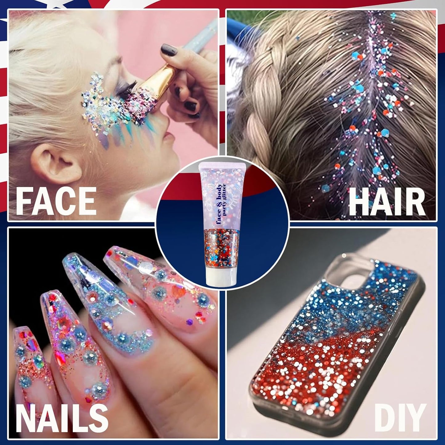 USA Flag Glitter Hair & Body Makeup - Perfect for 4th of July Celebrations | Red, White & Blue