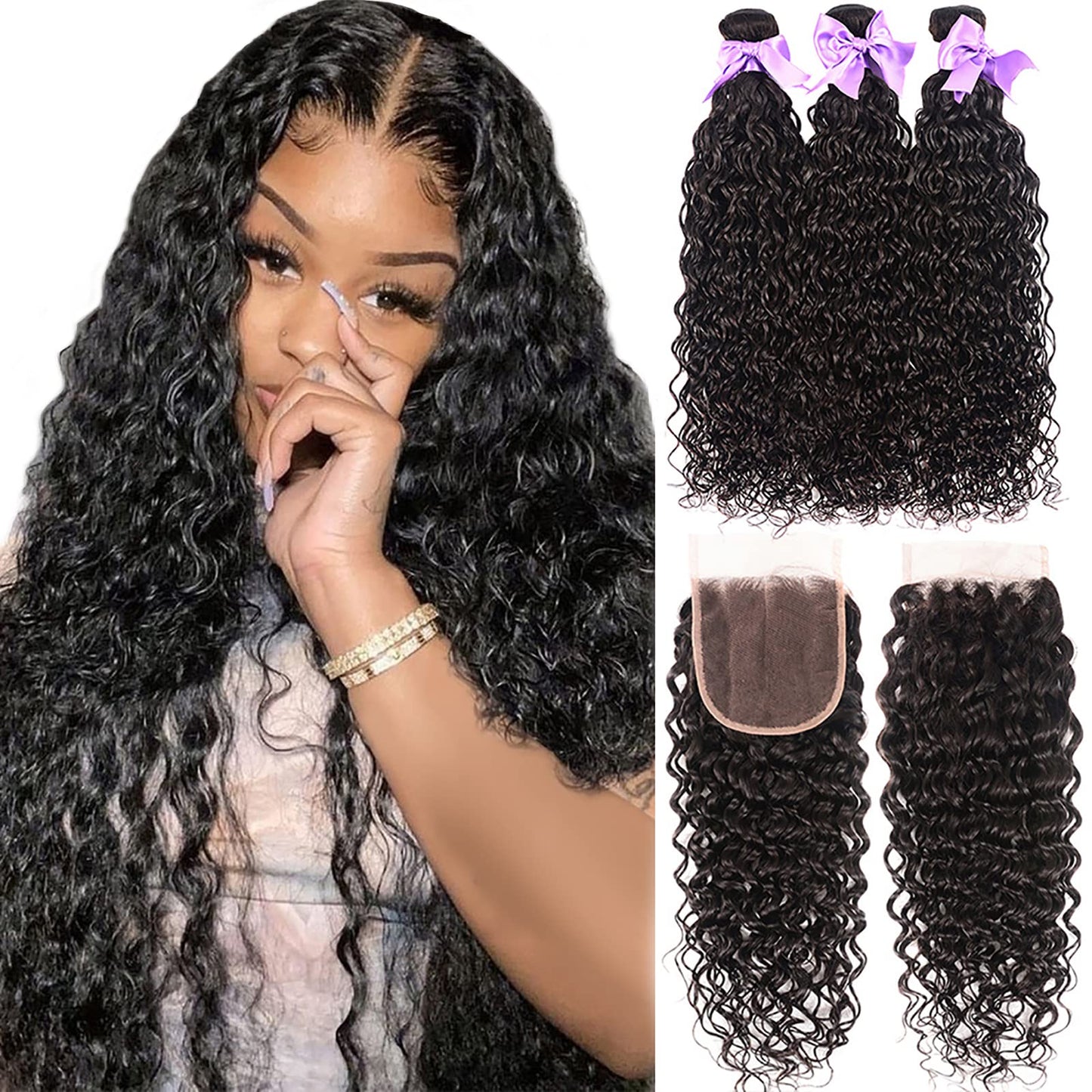 Water Wave Bundles With Closure (16 18 20 +14) Brazilian Virgin Human Hair Curly Wave 3 Bundles with Closure Free Part Wet and Wavy Human Hair Weave Bundles With 4inch x 4inch Closure Natural Color