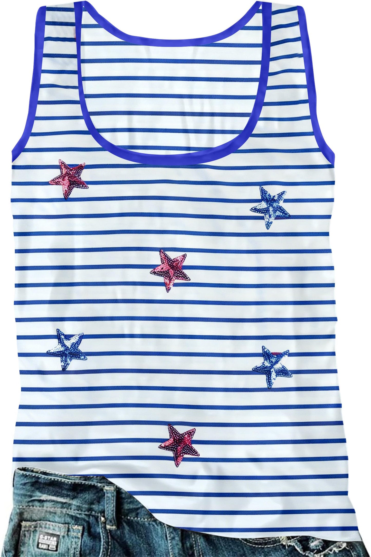 FAYALEQ American Flag Tank Top Women USA Star Sequin Sleeveless Tee