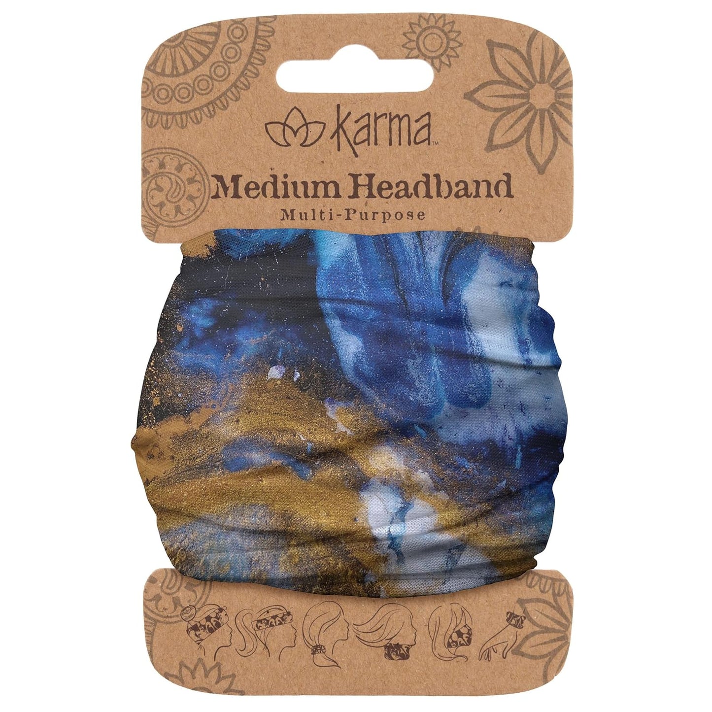 Floral Headband for Women | Stretchy Fabric Hair Scarf - Light Tan & Blue - Medium Size