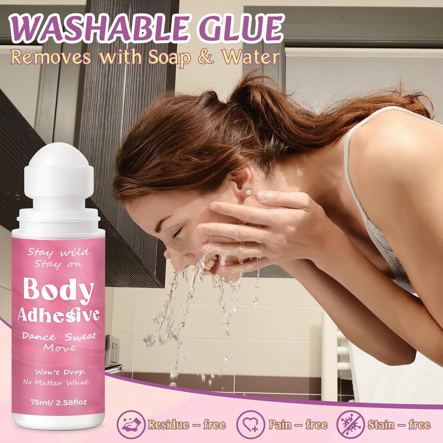 Body Adhesive Glue for Clothing & Skin - 2.58 Oz Roll-On, Sweat Resistant & Washable Fashion Tape for Dancers, Leotards & Costumes
