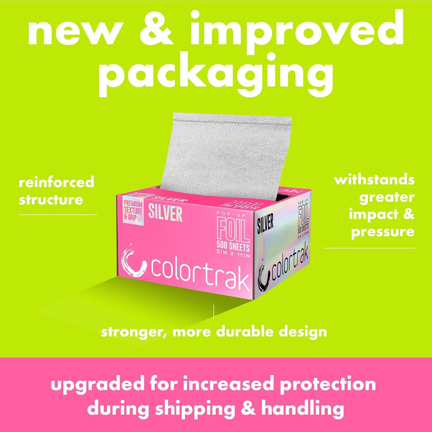 Colortrak Embossed Sheets Silver Aluminum Foil Pop-up Dispenser, 500 Pre-cut Sheets Non-slip Textured, for Hair Foil Coloring and Highlighting Applications Silver, 5 x 11
