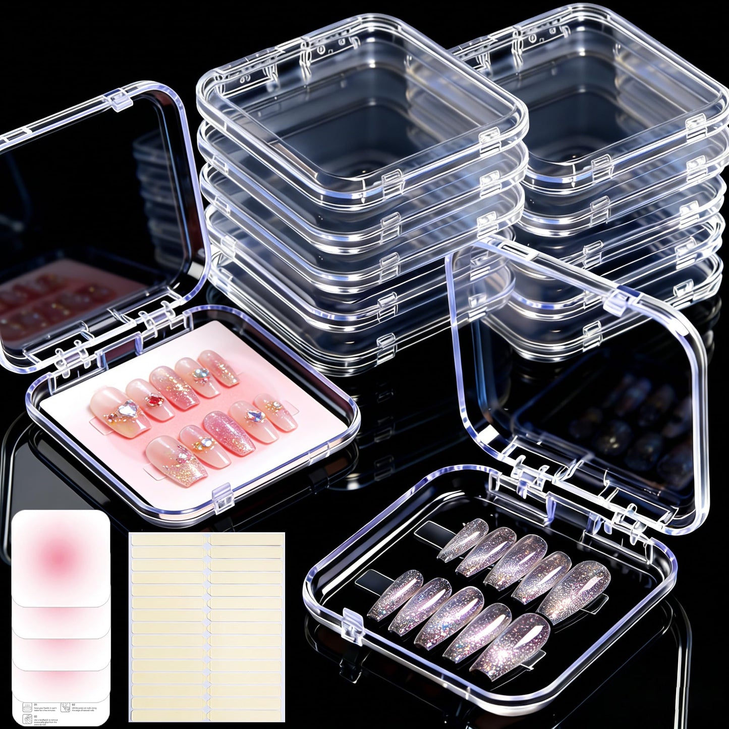 PZSZMIAO 12PCS Press on Nail Storage Box Acrylic Organizer Nail Case Nail Display Case Nail Display Box Artificial False Nail Box with Double Sided Adhesive Nail Tape Suitable for Press on False Nail