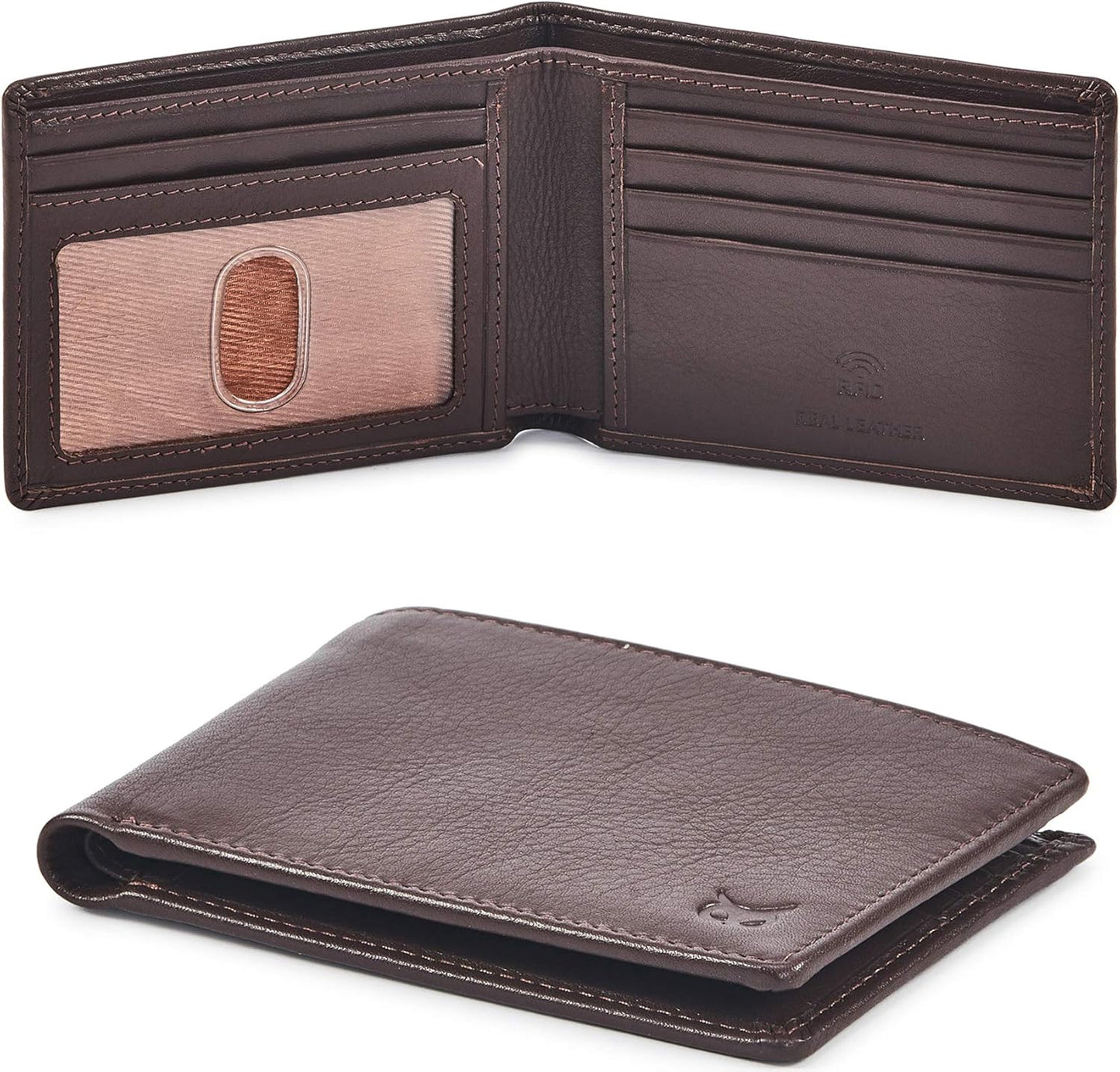 Real Leather Mens Bifold Wallet | RFID Blocking Slim Minimalist Design - Thin & Stylish with ID Window in Gift Box (Crazy Horse, Coffee)