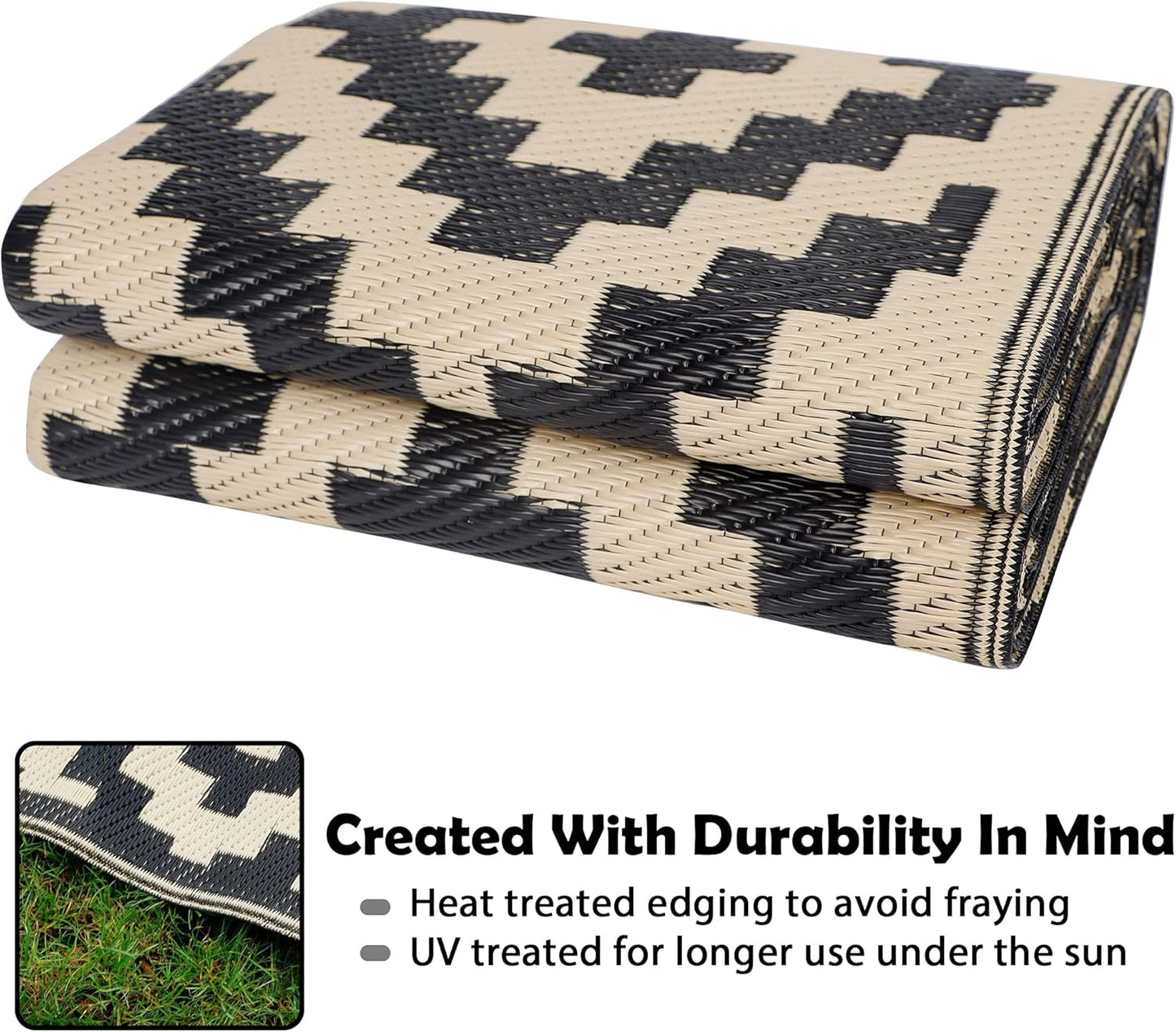 Waterproof Outdoor Rug - Reversible Plastic Area Rug for Patio, RV, Deck | 5x8 ft, Black & Beige