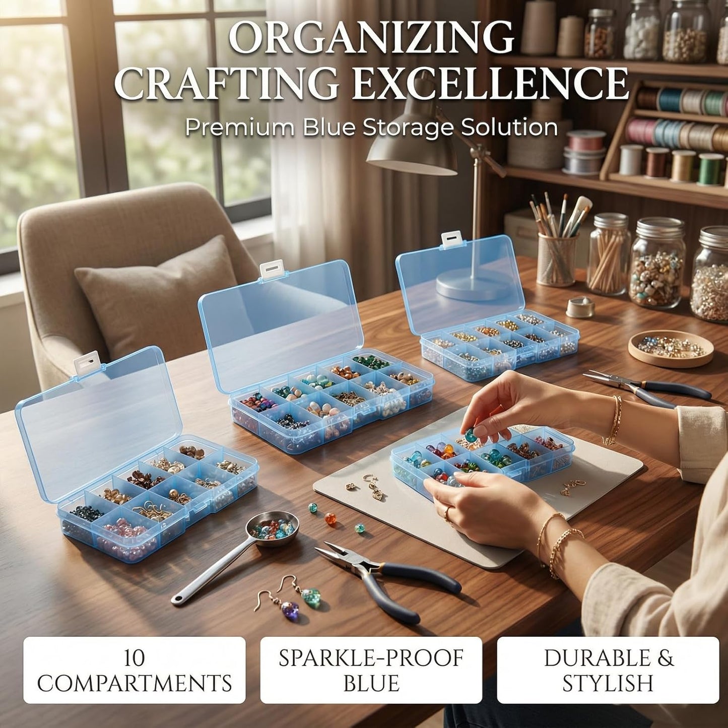 Jewelry & Bead Storage Boxes - 4 Pack Waterproof Plastic Organizer | 40 Grids, Stackable Craft Case, Blue