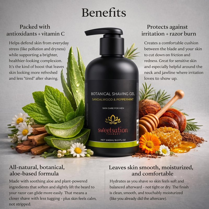 Botanical Shaving Gel, Sandalwood & Peppermint, 8oz All Natural Skin Care. For Smooth Gentle Shave.
