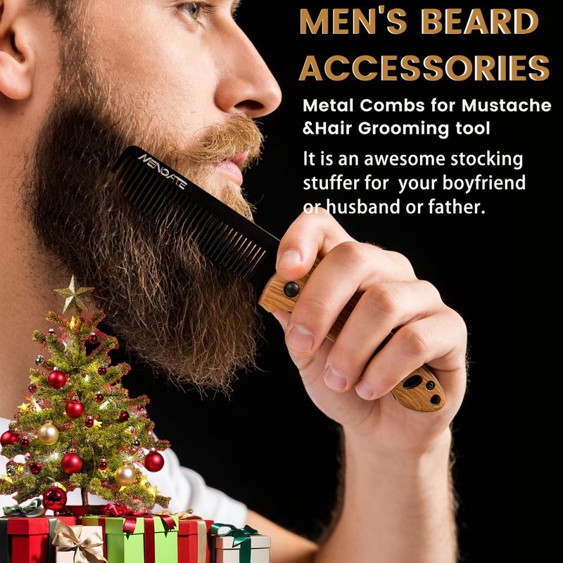 1PC Small Folding Pocket Beard & Mustache & Hair Styling Comb for Men - Metal Tactical Grooming Tool with Wooden Handle for Travel & Home Use - Idea for Stocking Stuffers - Length 6.57inch - Black