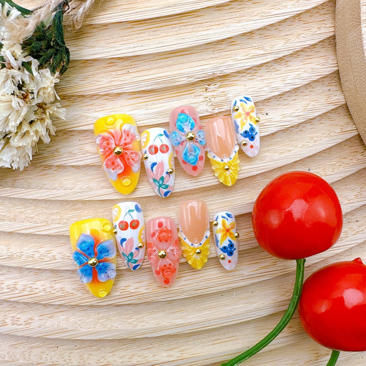 30Pcs Summer Press-On Nails - Medium Almond 3D Lemon French Tip Acrylic Nails | Full Cover Floral Design