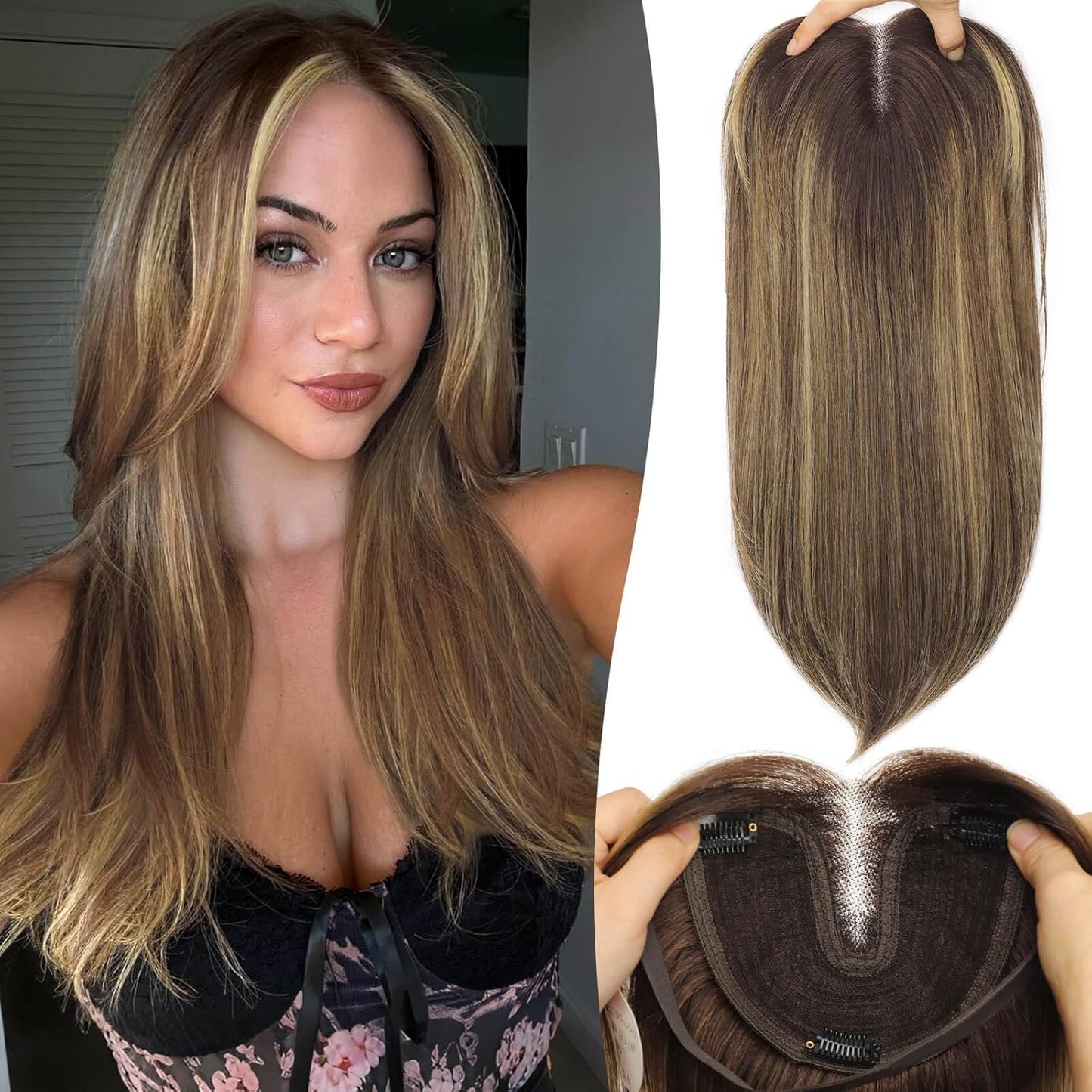 Ash Blonde Synthetic Hair Toppers with Platinum Highlights - 18" Long, 5x6" Base for Thinning Hair, Clip-In Wispy Bangs