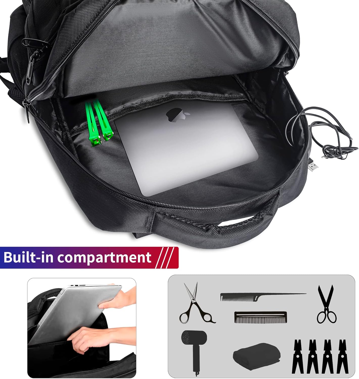 Barber Supplies Bag - Portable Backpack for Clippers & Tools with USB Port | Black