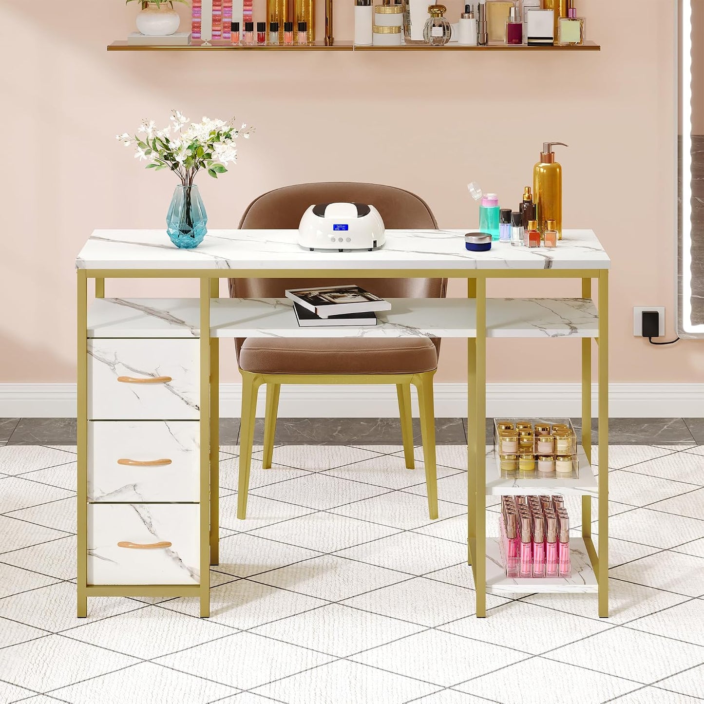 Nail Desk - Marbling Texture Manicure Table with 3 Drawers | Beauty Salon Spa Furniture (White)