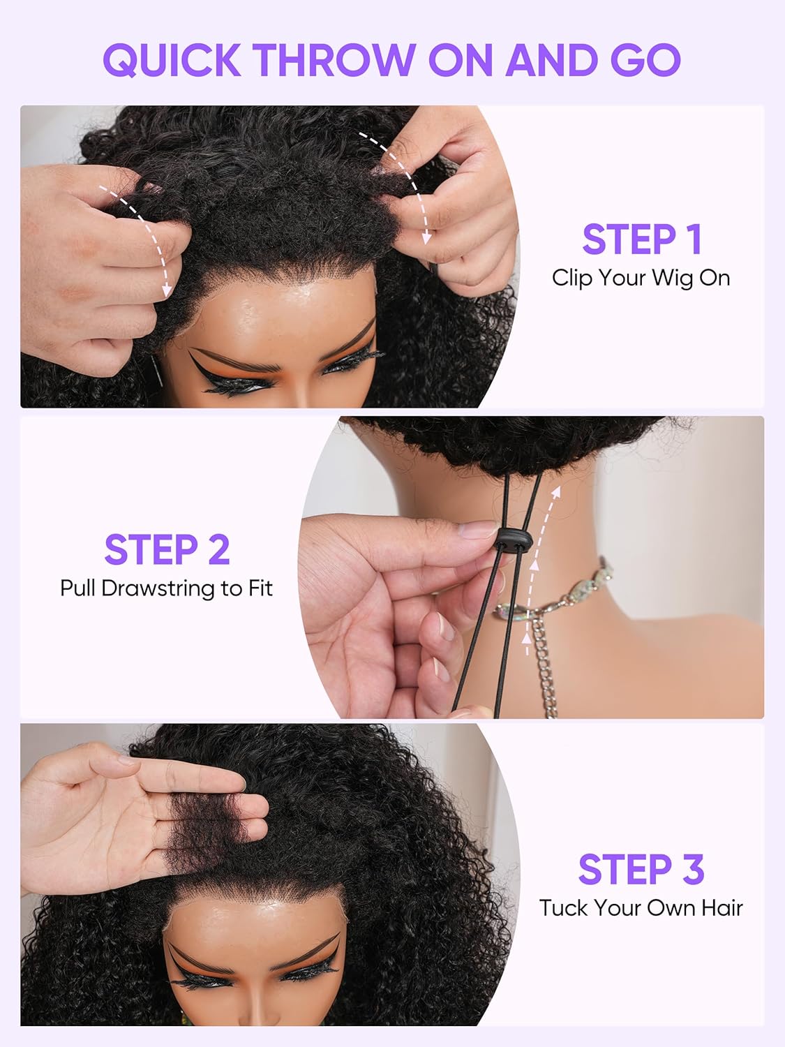 Kinky Curly Half Wig - Virgin Human Hair 1B | Glueless Drawstring | 22" True Length for Active Wear