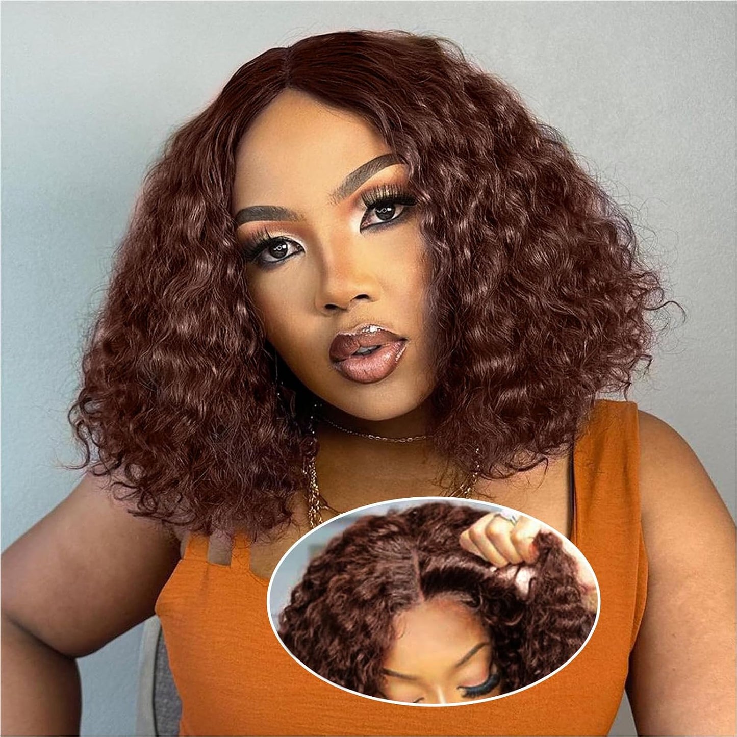 Curly Bob Wig - Human Hair Deep Wave 200% Density | 5x5 HD Lace Closure, Ginger Color, 14 Inch