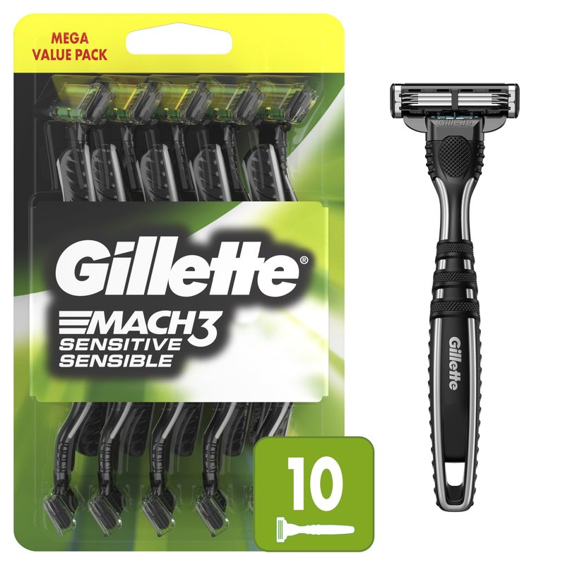 Gillette Mach3 Sensitive Razors for Men, Men’s Disposable Razors, Pivoting Head for Close and Comfortable Shave, 10 Count