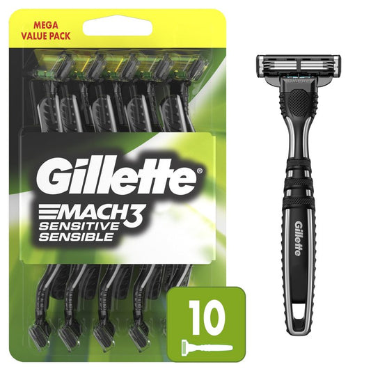 Gillette Mach3 Sensitive Razors for Men, Men’s Disposable Razors, Pivoting Head for Close and Comfortable Shave, 10 Count