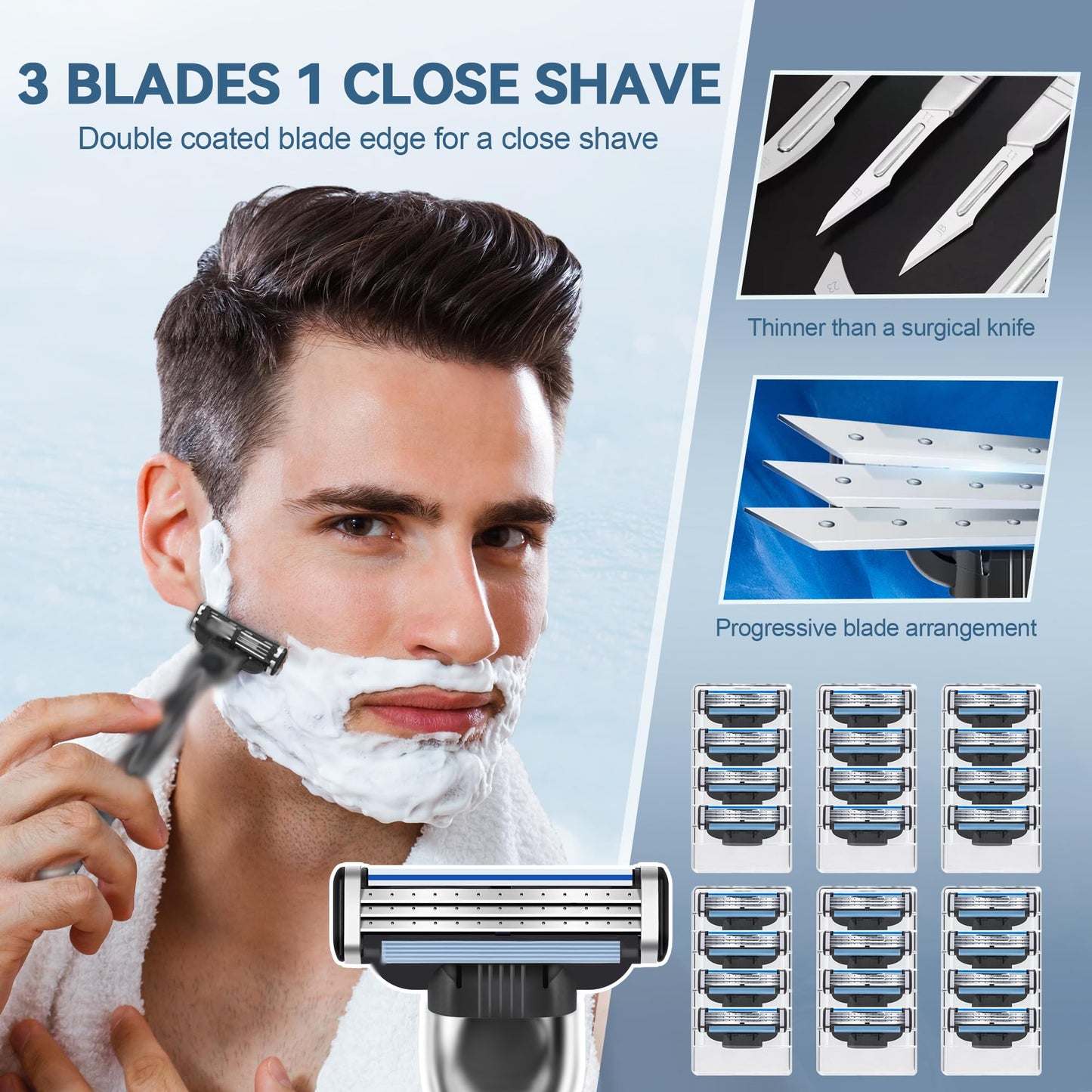 Razor Refills for Men, 24 Count 3-Blade Shaving Blades with Dual Lubrication, Compatible with Mach3 Razor Handles - Value Pack