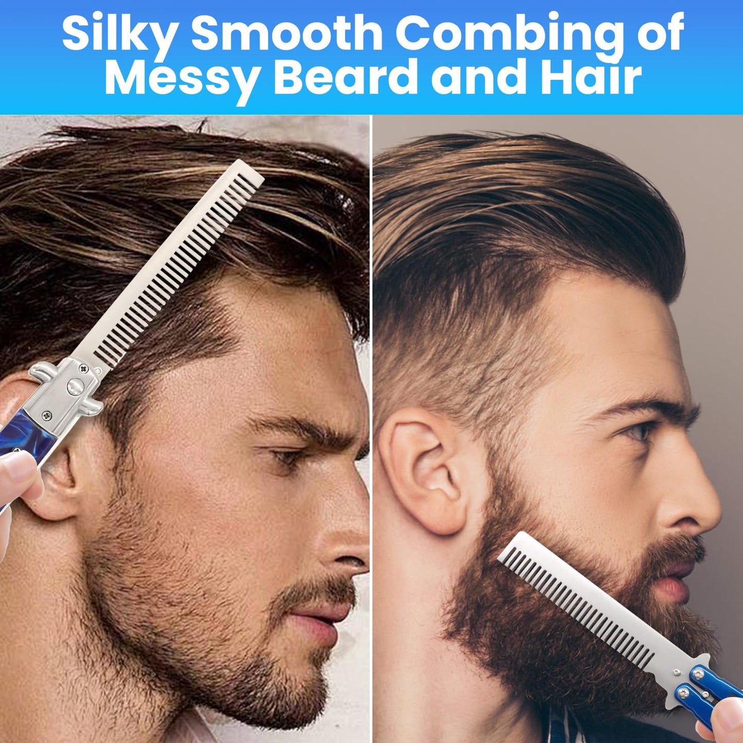 2PCS Switchblade Hair Comb - Automatic Switch Folding Pocket Combs, Stainless Steel Butterfly Comb, Hair Brush for Beard, Mustache, Switch Blade Hair Comb for Men, Beauty Tool