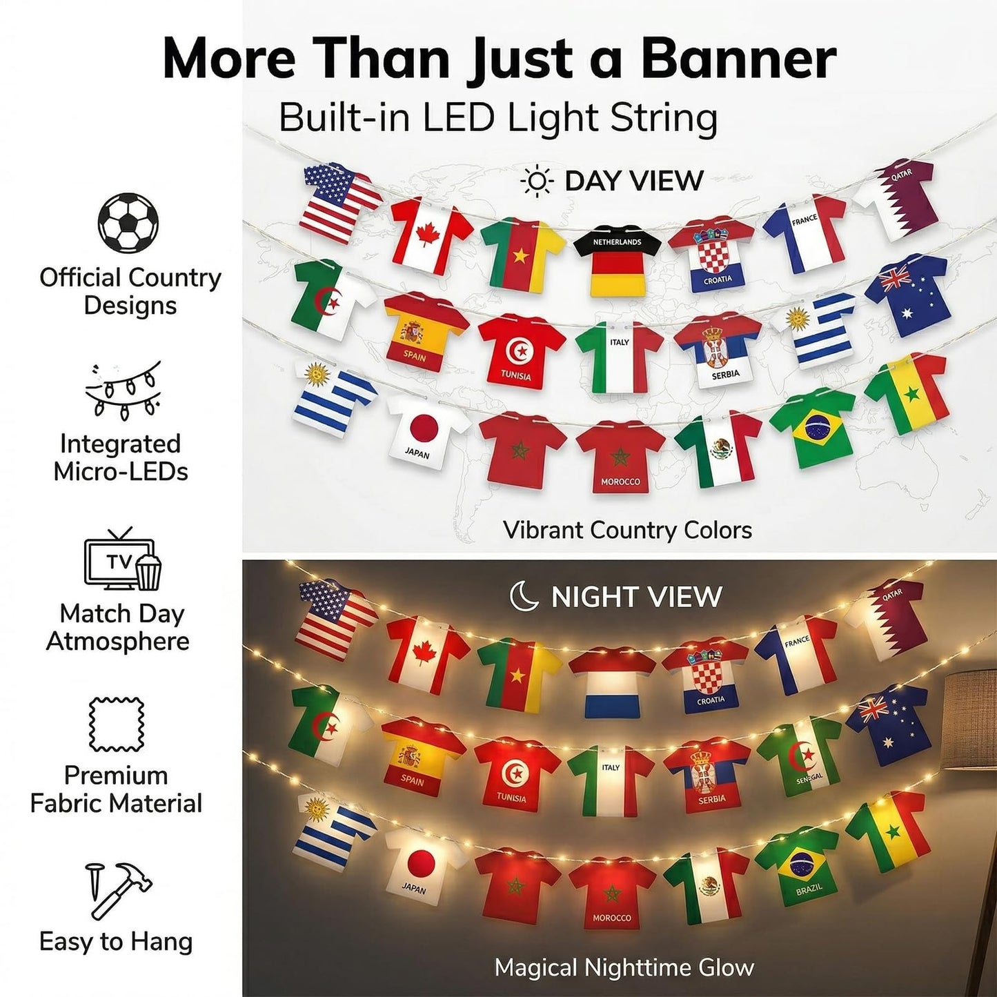 2026 World Cup Decorations with LED String Lights, 49 Countries Soccer Jersey Flag Banner Garland, Lighted Soccer Party Decorations for Watch Party, Bar, Home, Game Room, Sports Fan Decor
