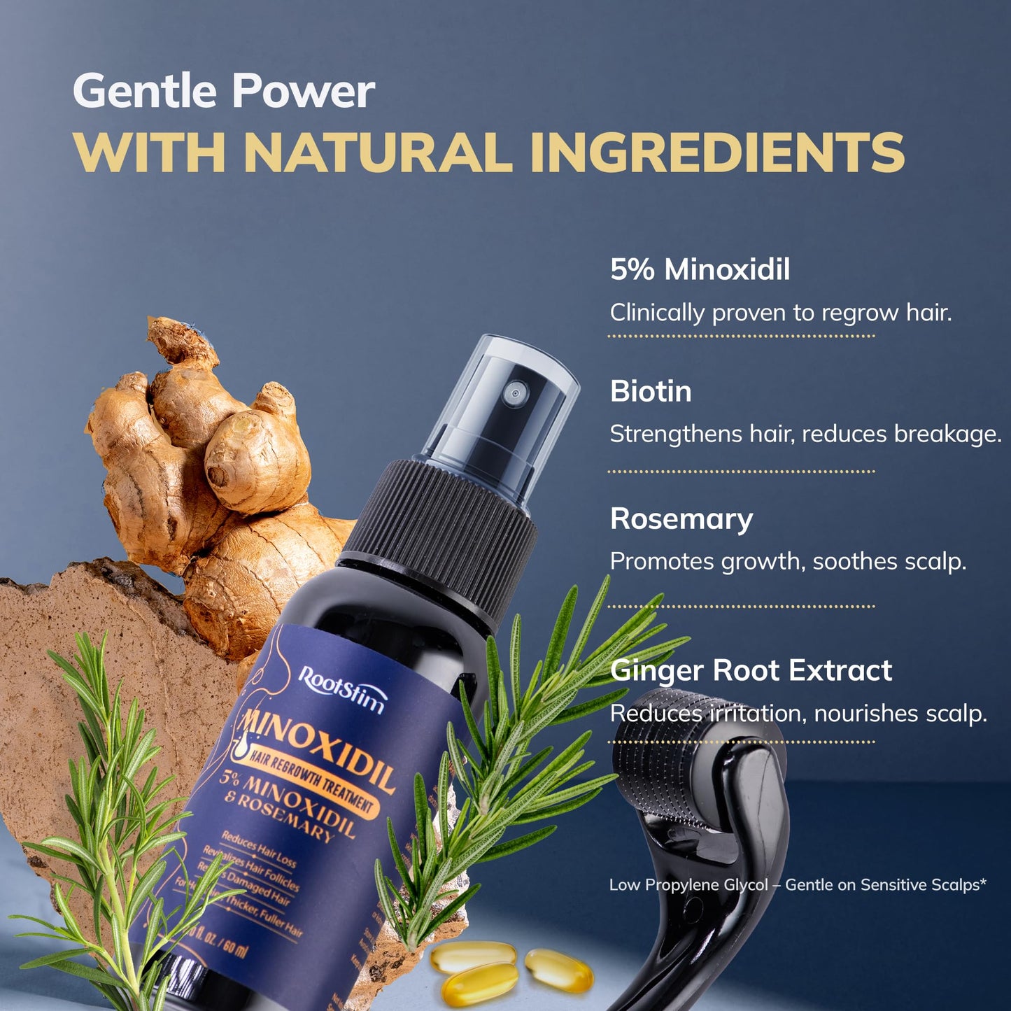 5% Minoxidil Spray + 0.25mm Derma Roller Hair Growth Kit for Men and Women, Hair Regrowth Treatment for Thinning Hairline, Crown & Beard, Rosemary Biotin Formula, 60 mL