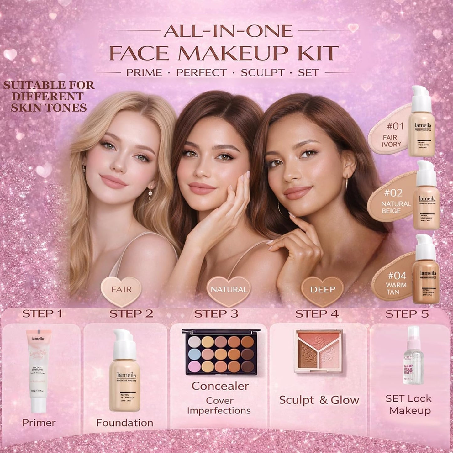 All-In-One Makeup Kit for Women | Full Face Set with Eyeshadow, Lip Gloss & Brushes - Perfect for All Skin Tones