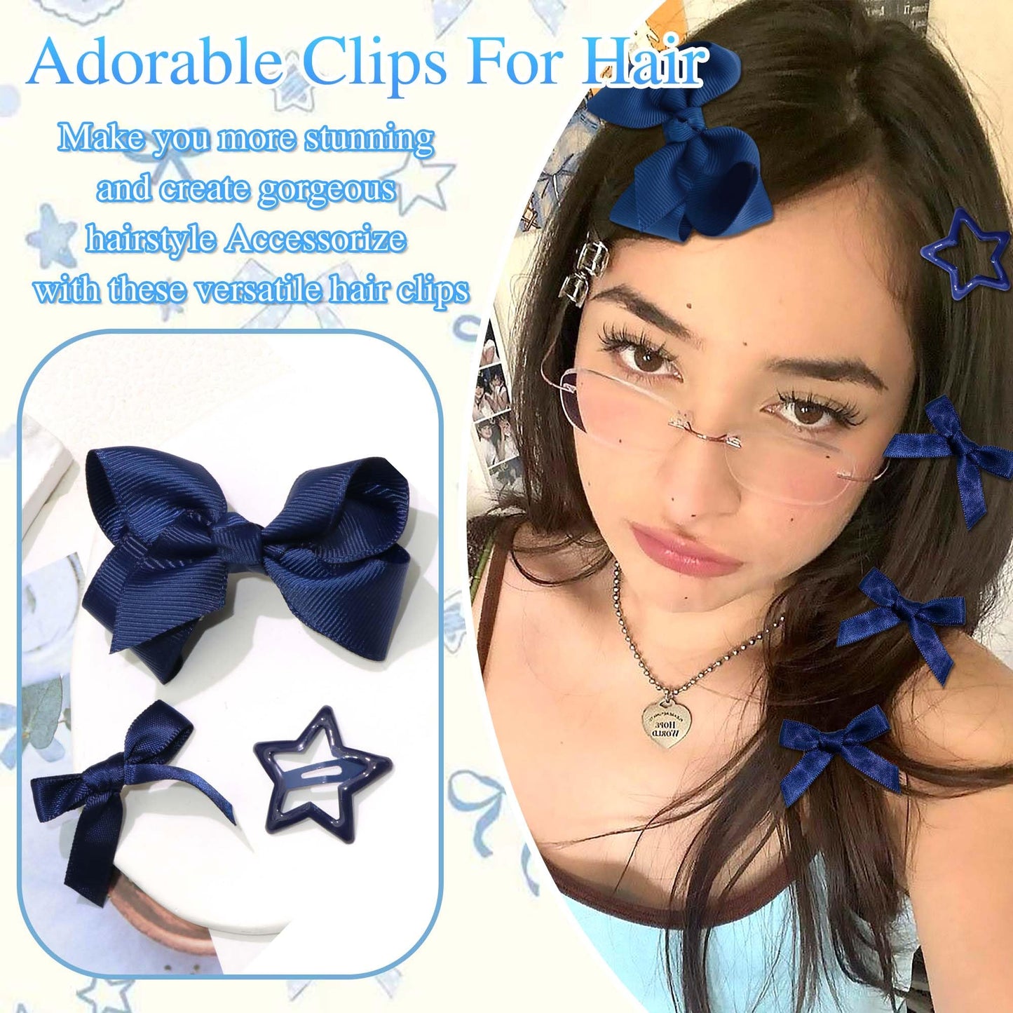 STGDAK Navy Blue Hair Bows Small Star Clips Cute Bow For Girls Grosgrain Ribbon Bow Clip Fashion Bows Barrette Easter Hair Accessories For Girls Toddlers Teens Women Party Prom Back To School 26 Pcs