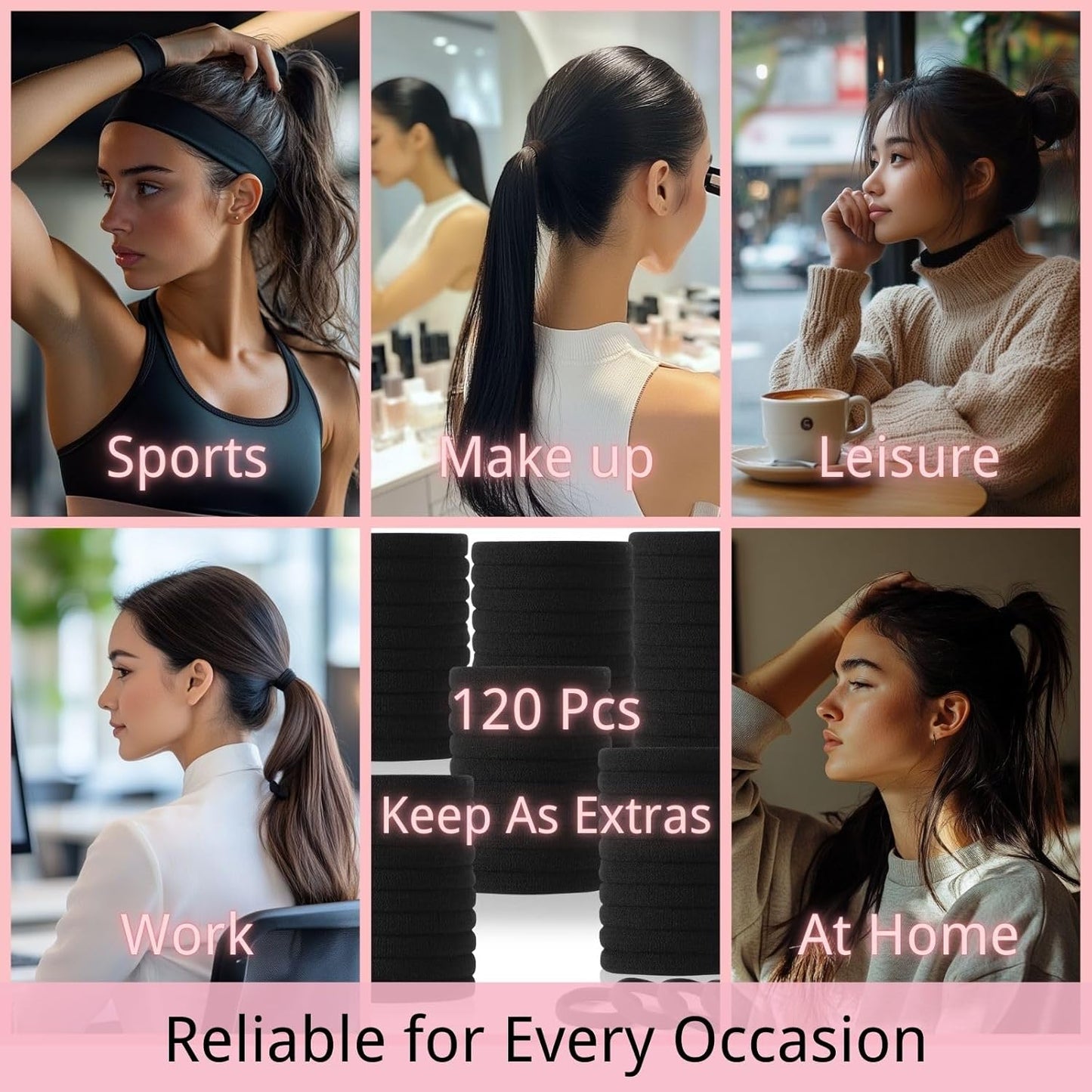 120PCS Black Hair Ties for Thick Hair - Seamless No Damage Elastic Ponytail Holders | Bulk Nylon Hair Bands for Women