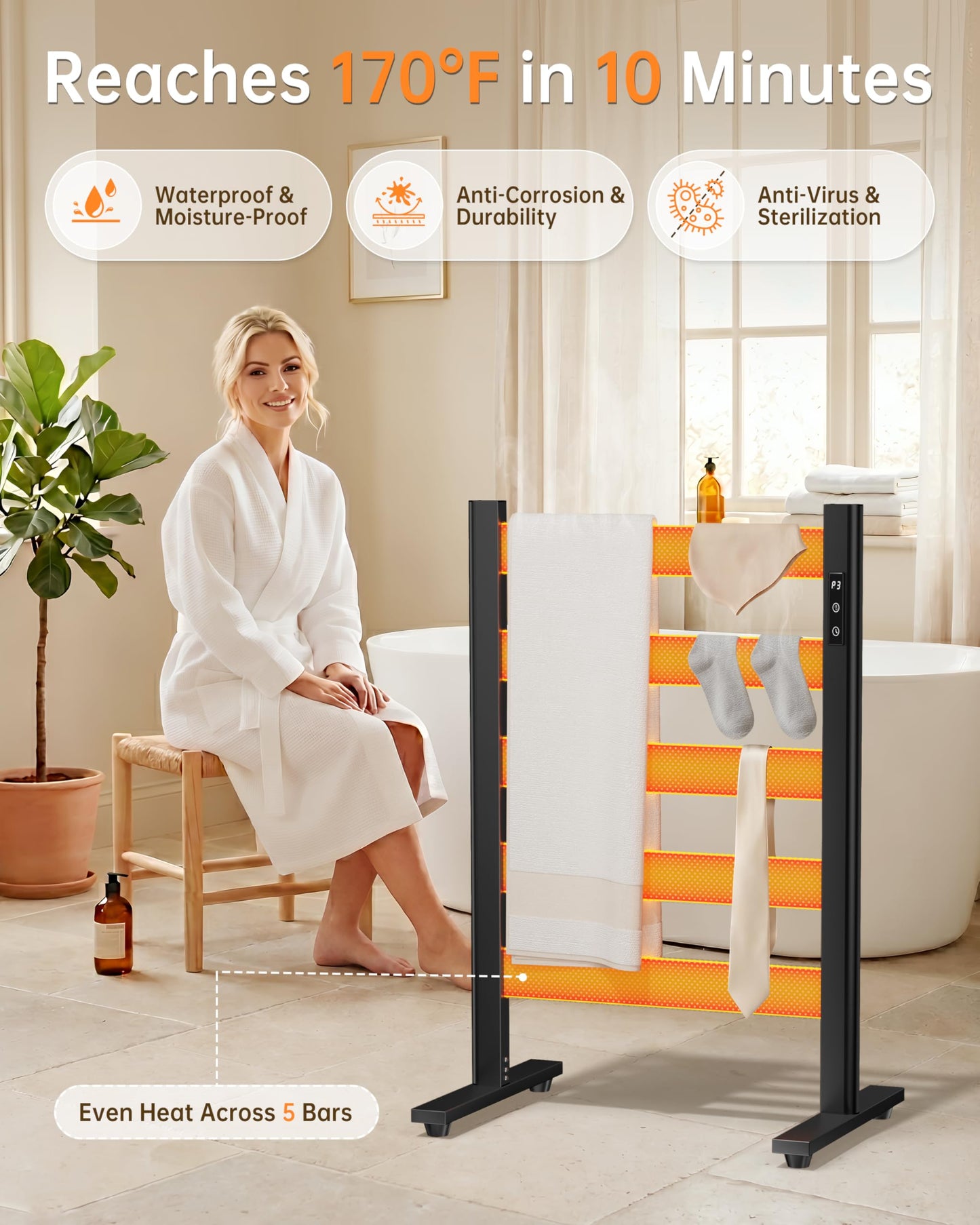 Sawlece Freestanding Towel Warmer – 5-Bar Heated Towel Rack with Timer & Adjustable Temperature, Space Aluminum, Rust-Resistant, Fast Heating in About 10 Minutes for Bathroom & Spa,Matte Black