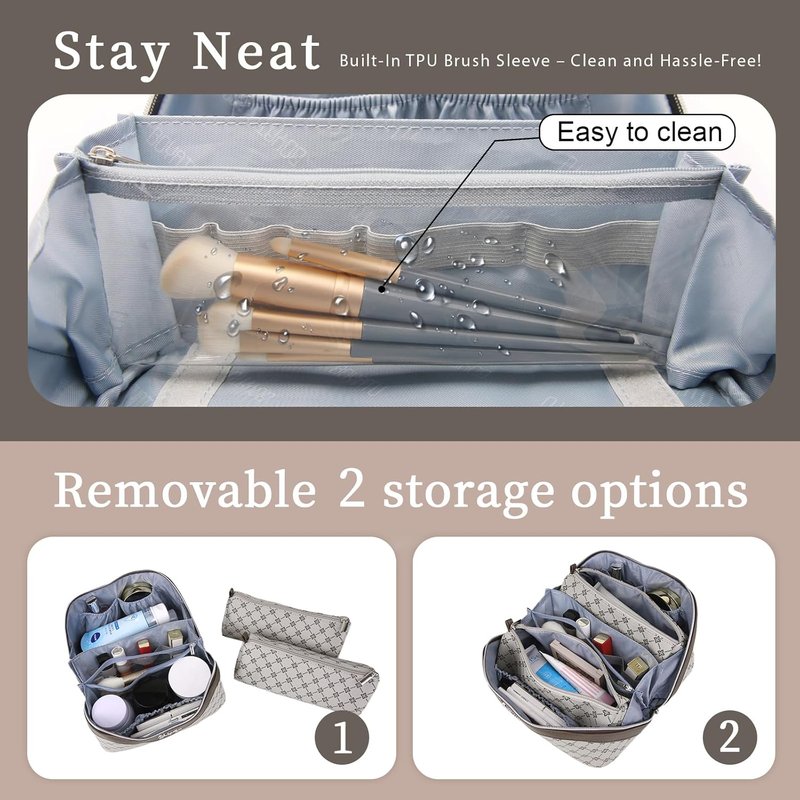 Travel Makeup Bag Set - Large Capacity Vegan Leather Cosmetic Organizer with Handle | 3 Pcs Khaki