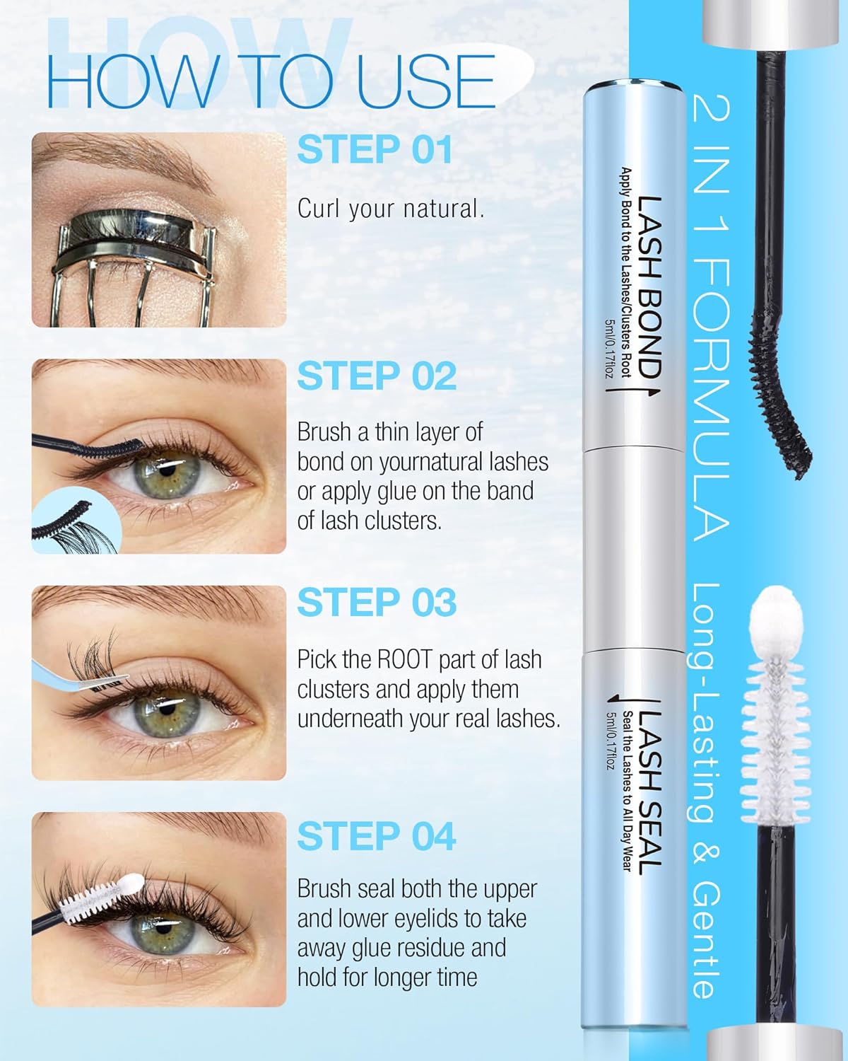 Eyelash Glue - Waterproof Bond & Seal for Lash Clusters | Long-Lasting 72H Adhesive, Latex-Free (5ml+5ml)