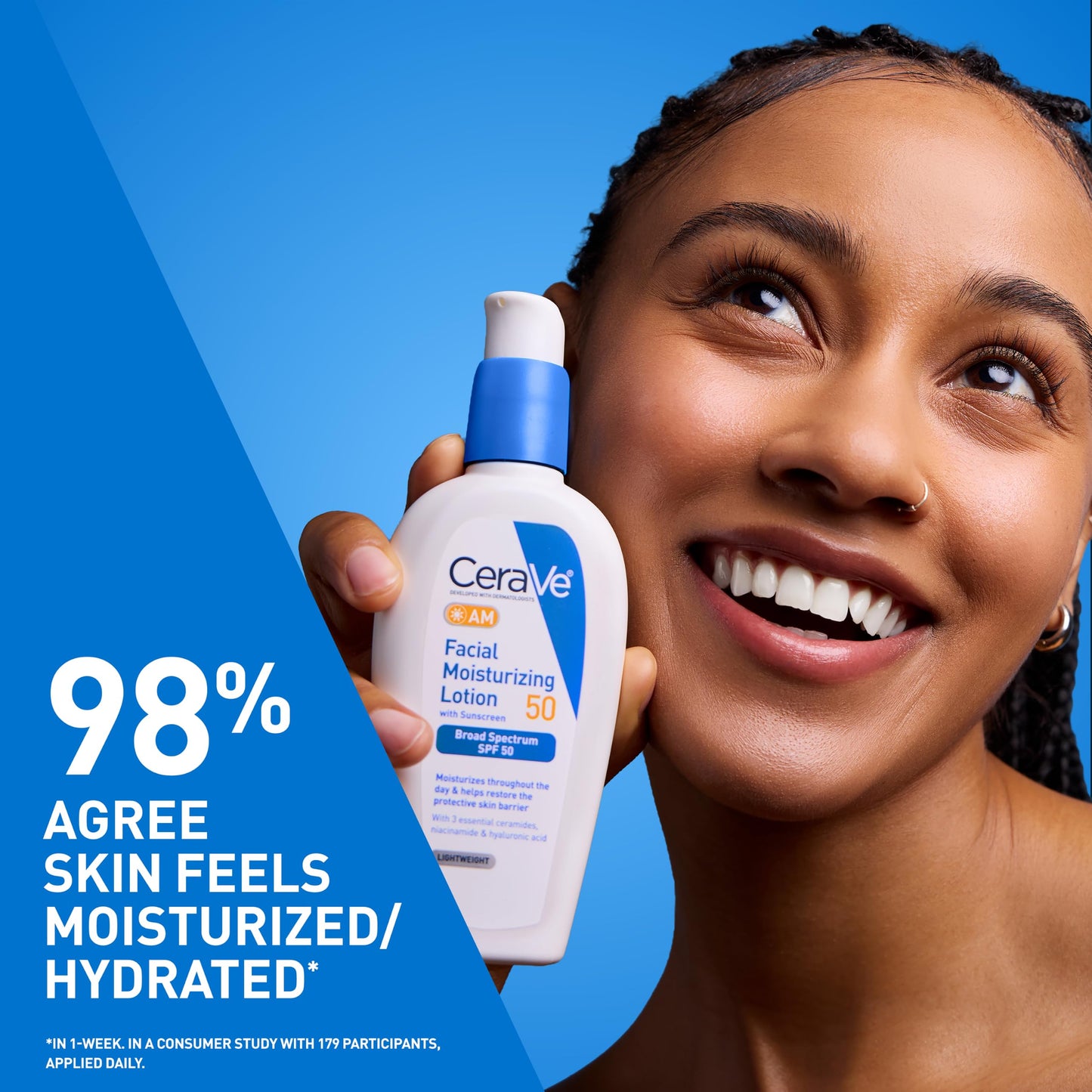 CeraVe AM Facial Moisturizing Lotion SPF 50, Face Moisturizer with SPF, Hyaluronic Acid, Niacinamide & Ceramides, Non-Greasy, Blends Seamlessly With No White Cast, Non Comedogenic Sunscreen, 3 Oz