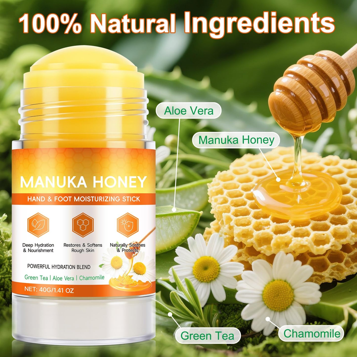 chenyayun 2 Pack Manuka Honey Cracked Heel Treatment Balm Stick, Dry & Cracked Foot Repair for Intensively & Deeply Moisturizing & Hydrating, Soothing, with Shea Butter, Chamomile|1.41 Oz/40 G