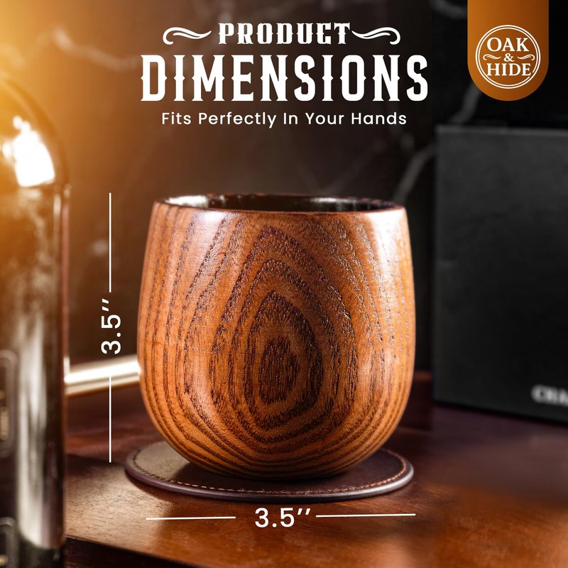 BRGHN Oak & Hide Charred Oak Whiskey Glasses Wooden Set of 2 with 2 Premium Leather Coasters – Perfect Birthday, Anniversary, Bachelor, or Father’s Day Gift for Men
