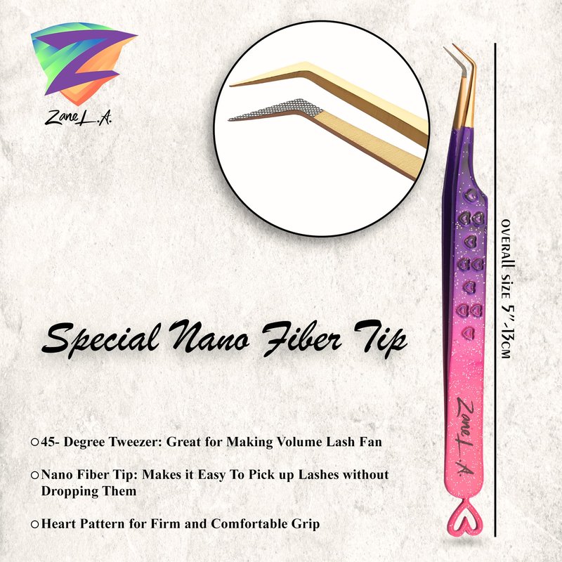 Zane L.A. Nano Fiber Tip Professional Eyelash Extension Tweezers, made with Japanese Stainless Steel, Unique Heart Design (Pink and Purple)