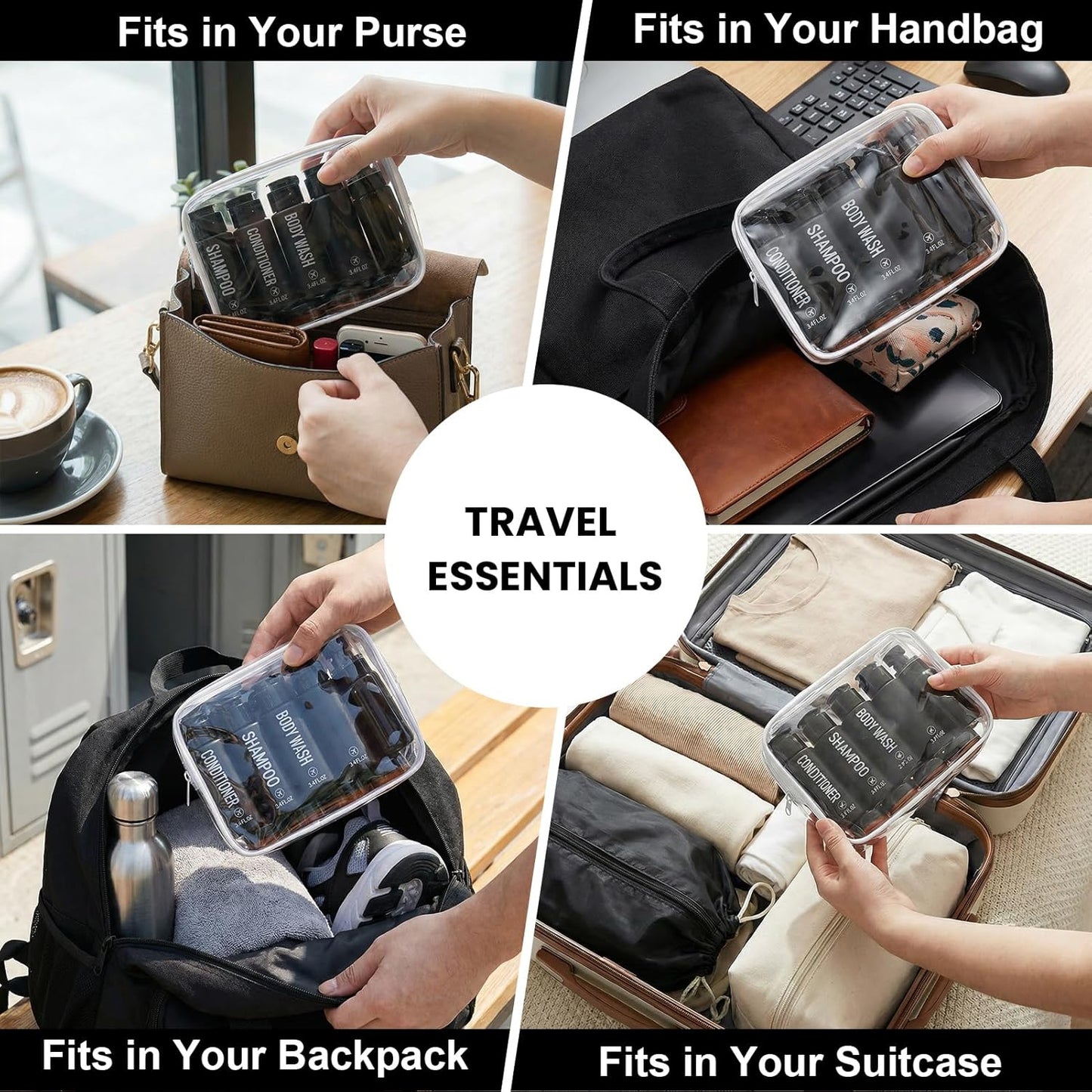 Travel Bottles for Toiletries - 14PCS TSA Approved Leak-Proof Containers | 3.4oz Shampoo, Conditioner, Body Wash, 2oz Spray Bottles, Black