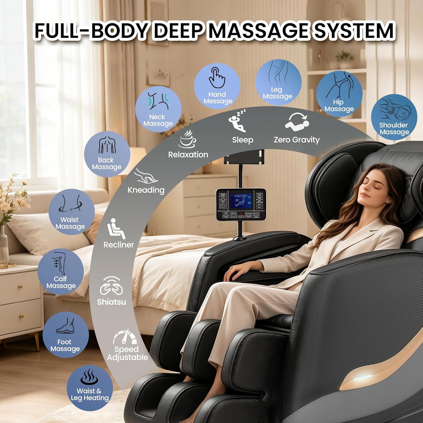 Full Body Massage Chair - Zero Gravity Recliner with 10 Rollers, Airbags, Heating & Bluetooth | Black