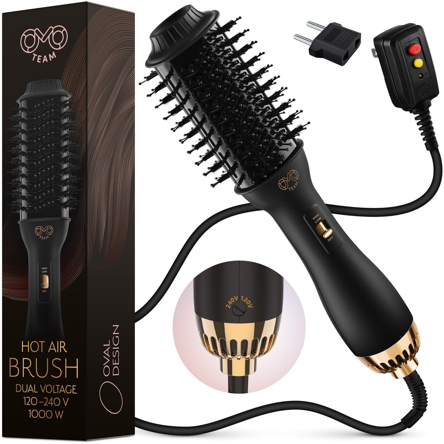 Manual Dual Voltage Blowout Hair Dryer Brush, Professional Hot Air Brush for European Travel 110V-120V/220V-240V, Black Gold Dryer and Volumizer for Women, 2.4 INCHES Oval Shape