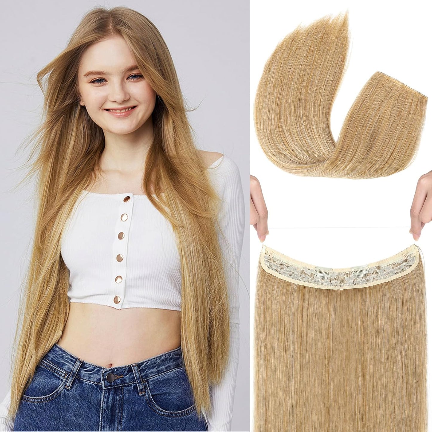 Invisible Wire Hair Extensions - Adjustable Transparent Headband | 24 Inch Dark Blonde Secret Hairpiece for Women