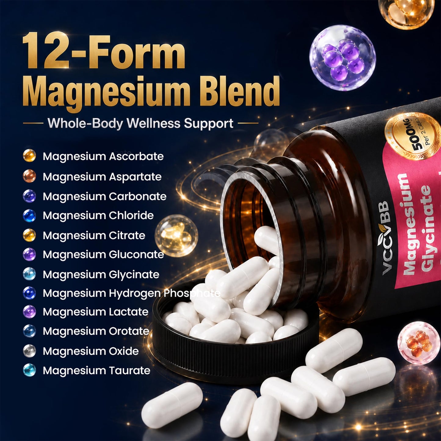Magnesium Glycinate 500mg, 12-in-1 High Absorption Magnesium Complex Supplement with Citrate, Taurate & Orotate, Supports Relaxation, Sleep, Muscle, Heart, Bone & Nerve Health, 120 Vegan Capsules