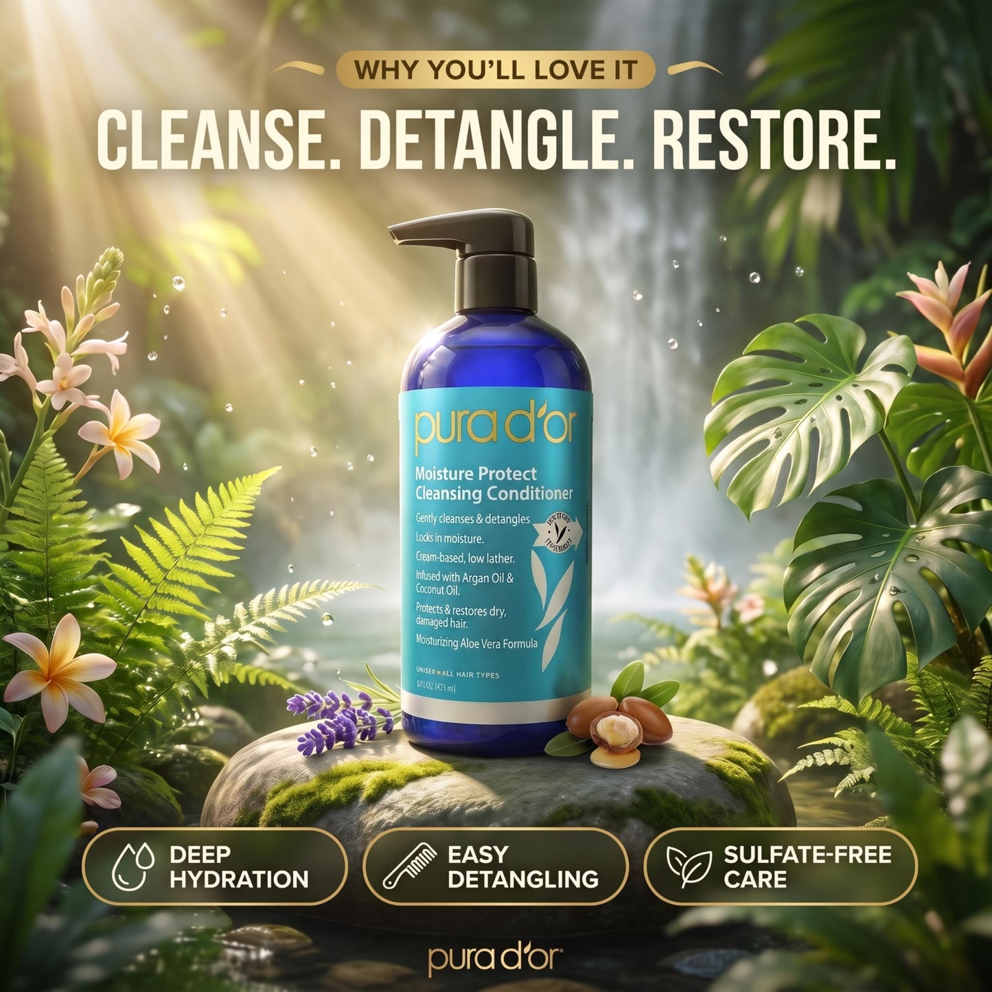 PURA D’OR Moisture Protect Cleansing Conditioner (16oz) Detangles & Restores Hair with Argan Oil, Lavender, No Sulfate, All Hair Types, Men & Women (Packaging may vary)