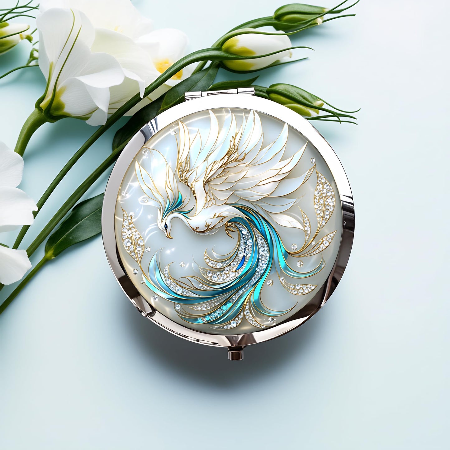 Silver Compact Mirror, 2.8x2.8inch Double-Sided Folding Makeup Mirror with White Phoenix Design, Ideal Gift for Women