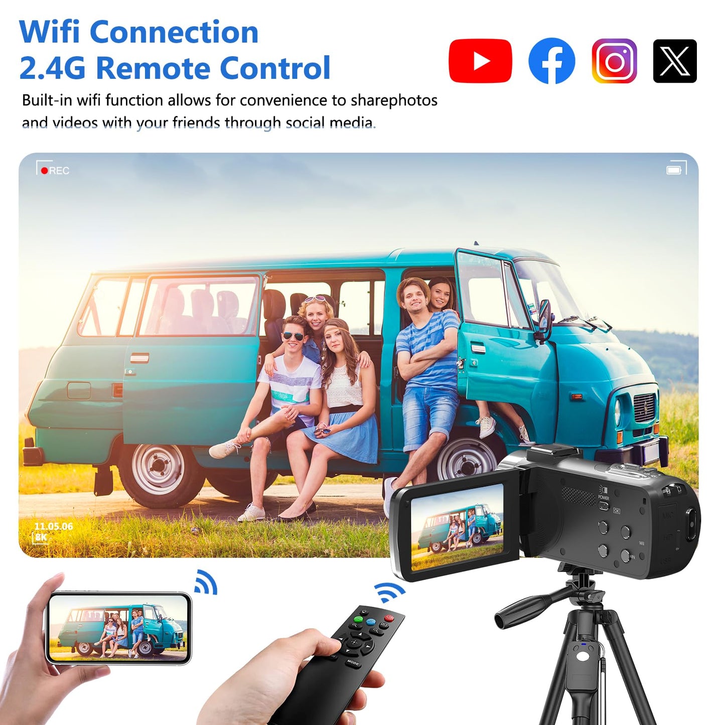 Video Camera 8k Camcorder 48MP UHD WiFi Vlogging Camera for YouTube with 18X Digital Zoom, IR Night Vision 3.0“ Touch Screen Recrding Camera with Microphone, 32G SD Card, Lens Hood, Remote, Batteries